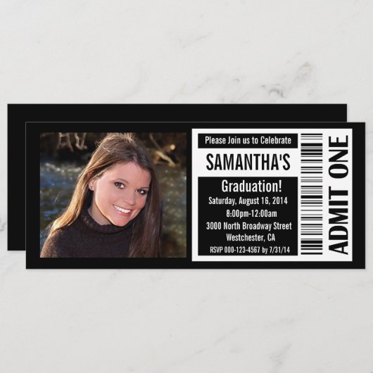 Graduation Party Ticket Invitations, Black White Kaart (Voorkant / Achterkant)