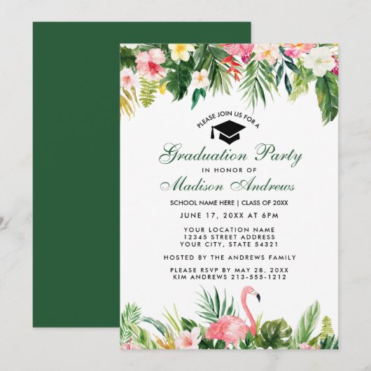 Graduation Party Tropical Floral Green Kaart (Voorkant / Achterkant)