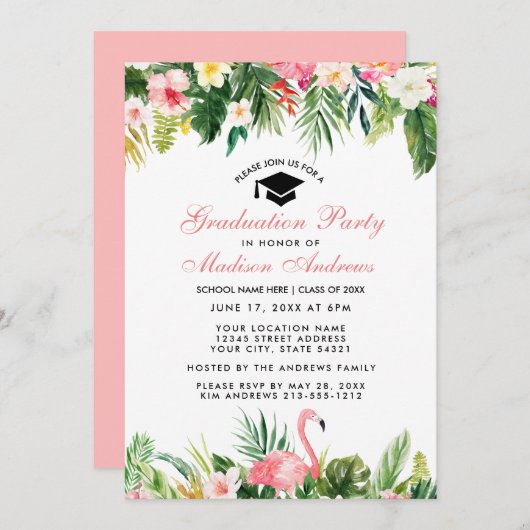 Graduation Party Tropical Floral roze Kaart (Voorkant / Achterkant)