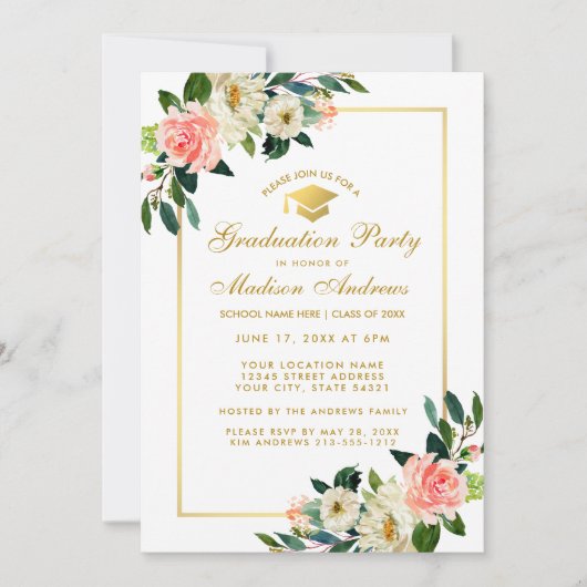 Graduation Party Tropical Pink Floral Gold Invite Kaart (Voorkant)
