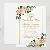 Graduation Party Tropical Pink Floral Gold Invite Kaart (Voorkant / Achterkant)