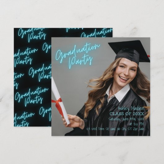 Graduation Party Turquoise Neon Modern Kaart (Voorkant / Achterkant)