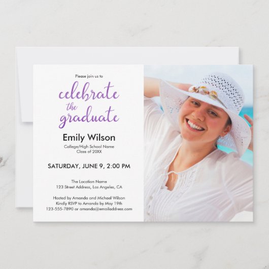 Graduation Party Violet Script Pattern Foto Kaart (Voorkant)