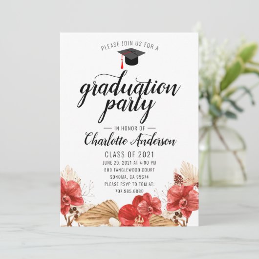Graduation Party Waterverf Floral Invitation Kaart (Staand voorkant)