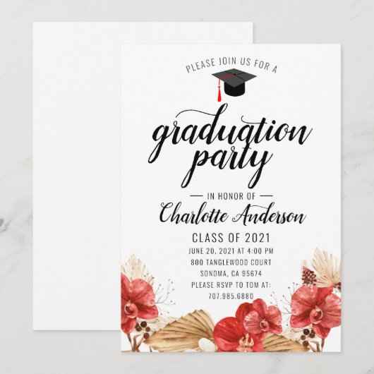 Graduation Party Waterverf Floral Invitation Kaart (Voorkant / Achterkant)