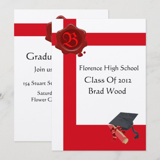 GRADUATION PARTY, White Red Wax Seal Monogram, vil Kaart (Voorkant / Achterkant)