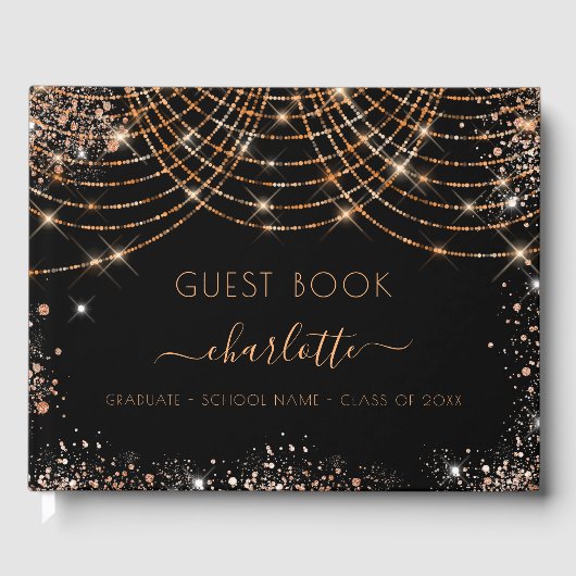 Graduation party zwart goud schittert gastenboek (Voorkant)
