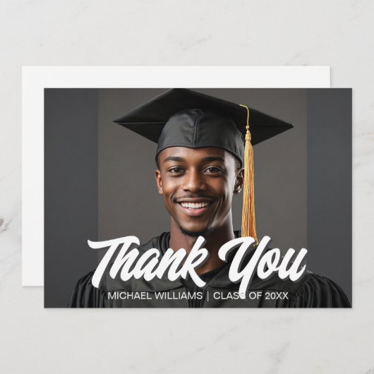 Graduation Photo Bold Script Overlay Graduate Bedankkaart (Voorkant / Achterkant)