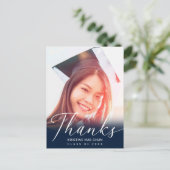Graduation Photo Modern Script Blue Thank You Briefkaart (Staand voorkant)