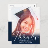 Graduation Photo Modern Script Blue Thank You Briefkaart (Voorkant / Achterkant)