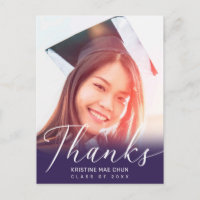 Graduation Photo Modern Script Purple Thank You