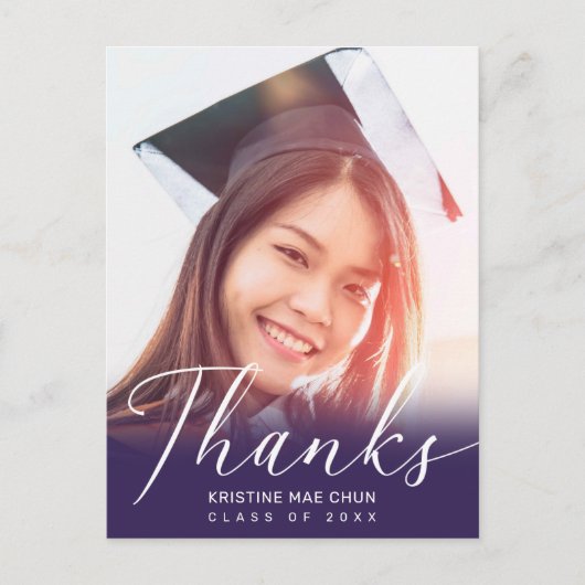 Graduation Photo Modern Script Purple Thank You Briefkaart (Voorkant)