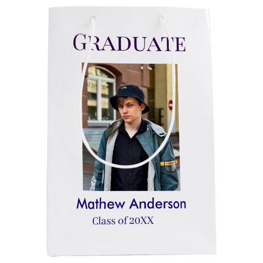 Graduation photo name class of 20XX blue simple bo Medium Cadeauzakje (Voorkant)