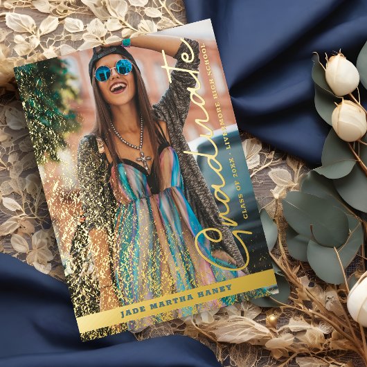Graduation Real Golden Chic Fancy Romantic Photo  Folie Uitnodiging