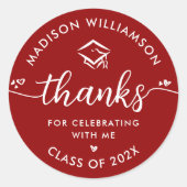 Graduation Rood Modern Dank Je Script Harten Muts Ronde Sticker (Voorkant)