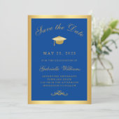 Graduation Royal Blue Gold Frame Save the Date Aankondiging (Staand voorkant)
