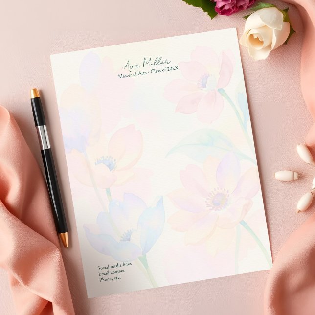 Graduation Thank You Chic Watercolor Floral Script Briefhoofd (Soft pastel watercolor floral letterhead personalized for chic graduation thank you notes)
