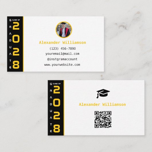 Graduation Yellow Black QR Code Modern Graduation Contactkaartje (Voorkant / Achterkant)