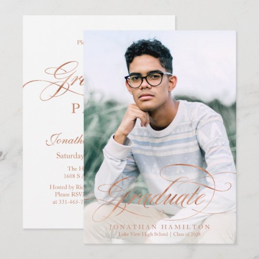 Gradueer Folie Roze Goud Elegant Script Grad Feest Kaart (Voorkant / Achterkant)