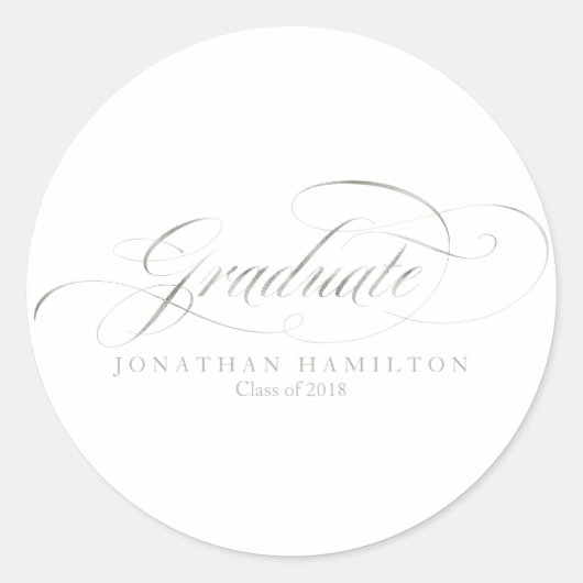 Gradueer Folie Zilver Elegant Script Afstuderen Ronde Sticker (Voorkant)