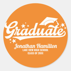 Gradueer Oranje Witte Typografie Grad Feest Ronde Sticker