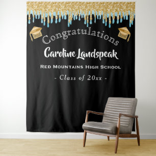 Gradueerachtergrond Blauw Goud Glitter Druppelend Wandkleed