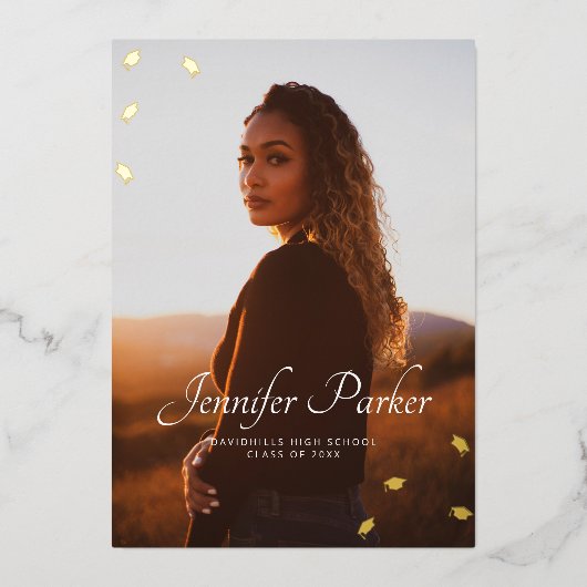 Gradueerhoeden 1 foto afstuderen folie uitnodiging (Voorkant)