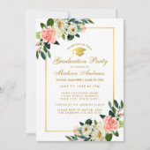 Graduit Party roze tropische Floral Gold Invite Kaart (Voorkant)