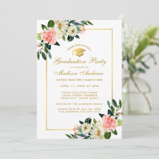 Graduit Party roze tropische Floral Gold Invite Kaart (Staand voorkant)