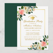 Graduit Party roze tropische Floral Gold Invite Kaart (Voorkant / Achterkant)