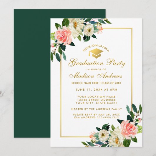 Graduit Party roze tropische Floral Gold Invite Kaart (Voorkant / Achterkant)