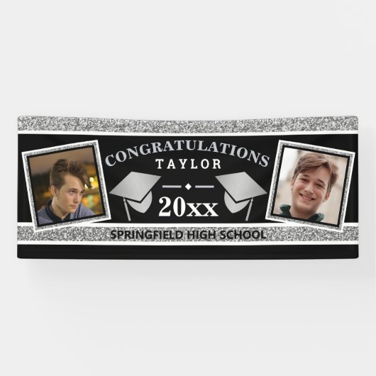 Gradup Cap Silver en Black Gefeliciteerd Spandoek (Horizontaal)