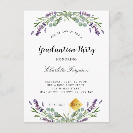 Gradupartiële lavendel eucalyptusfloralen uitnodiging briefkaart (Voorkant)