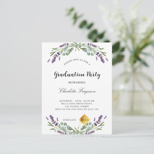 Gradupartiële lavendel eucalyptusfloralen uitnodiging briefkaart (Staand voorkant)