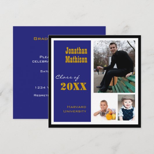 GraduPartij 3 Fotoblauwe uitnodiging (Voorkant / Achterkant)