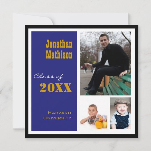 GraduPartij 3 Fotoblauwe uitnodiging (Voorkant)