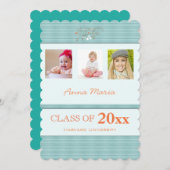 GraduPartij 3 Foto's Aqua Stripes Uitnodiging (Voorkant / Achterkant)
