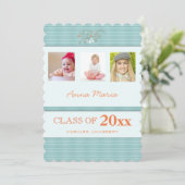 GraduPartij 3 Foto's Aqua Stripes Uitnodiging (Staand voorkant)