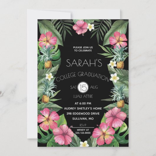 GraduPartij ananassen en Tropische Bloemen Kaart (Voorkant)