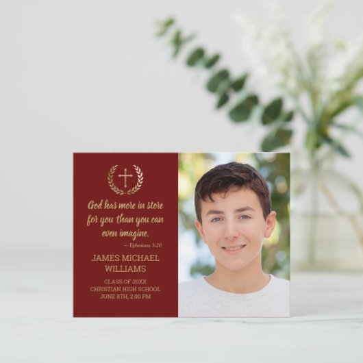 GraduPartij Bijbel Verse Foto Maroon Gold Briefkaart (Staand voorkant)