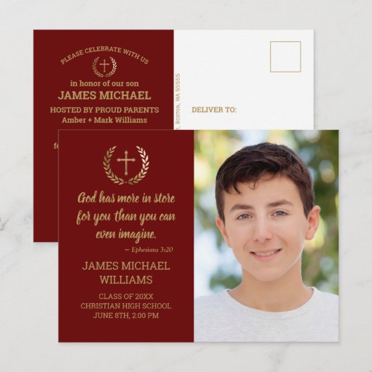 GraduPartij Bijbel Verse Foto Maroon Gold Briefkaart (Voorkant / Achterkant)