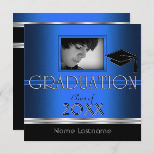 GraduPartij Black Silver Blue Photo Boy Kaart (Voorkant / Achterkant)