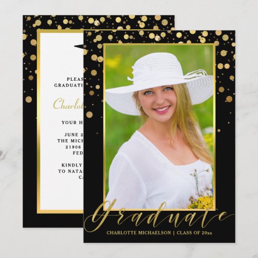 GraduPartij Elegant Black Foto Gold Confetti Kaart (Voorkant / Achterkant)