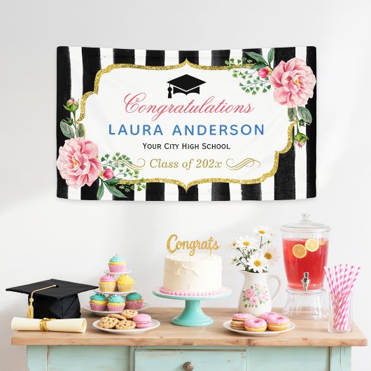 GraduPartij Floral Gold Glitter Black Stripes Spandoek
