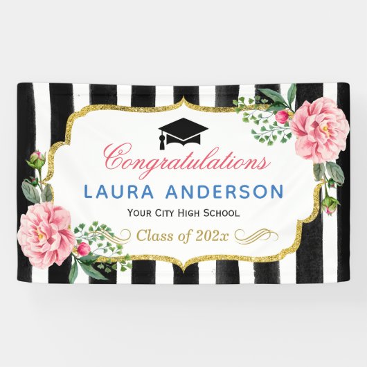 GraduPartij Floral Gold Glitter Black Stripes Spandoek (Horizontaal)