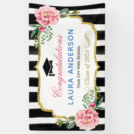 GraduPartij Floral Gold Glitter Black Stripes Spandoek (Verticaal)