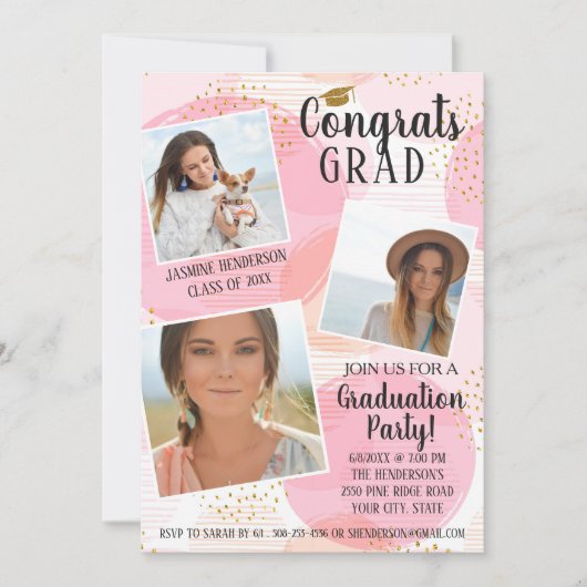 GraduPartij Foto Collage Blush Pink Gold Dot Kaart (Voorkant)