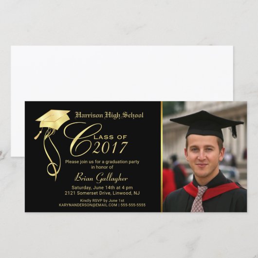 GraduPartij Foto Uitnodiging zwart & Gold Pet (Voorkant / Achterkant)