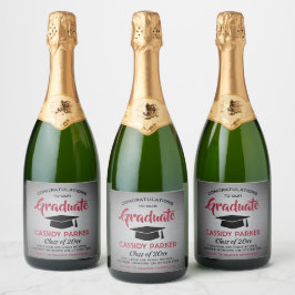 GraduPartij Gefeliciteerd Elegant Red Grey & Black Sparkling Wijnetiket