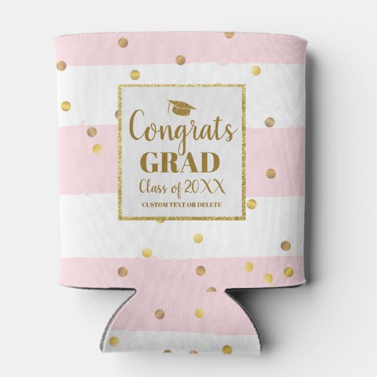 GraduPartij Gold Glitter Pink Stripes Aangepast Blikjeskoeler (Achterkant)